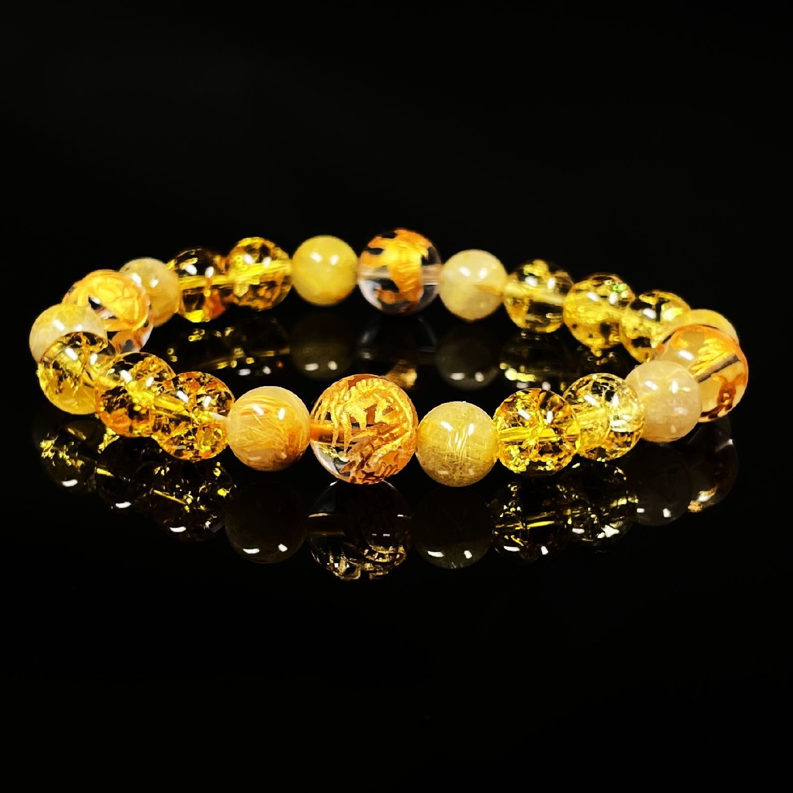 最強金運数珠］10ミリ 8ミリ 金彫四神獣 本水晶 シトリン 黄水晶