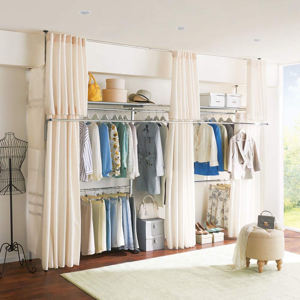 奥行53cm 上下カーテン付き突っ張り頑丈ハンガーラック ロータイプ