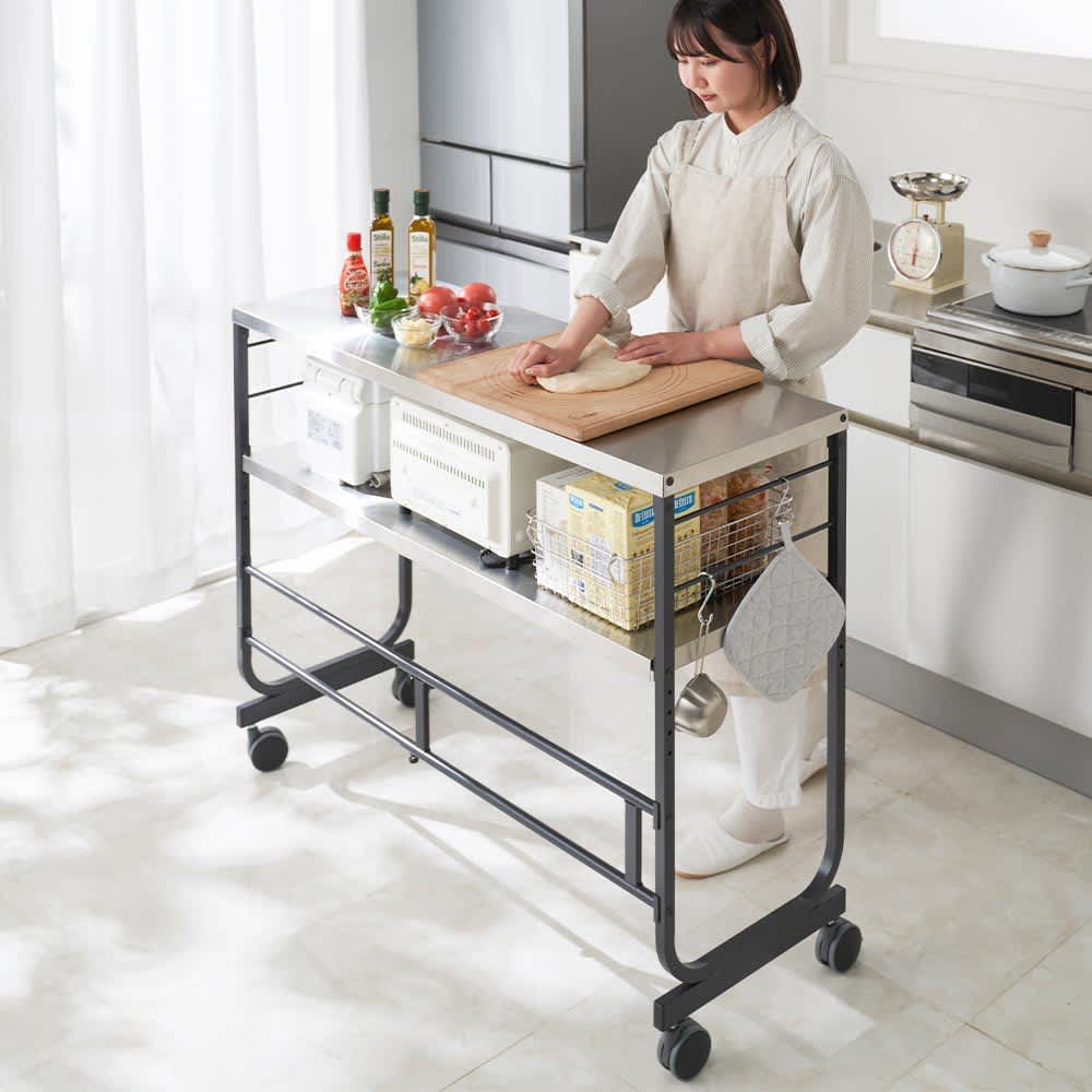 ステンレスの美しい幅伸縮キッチンカウンター 奥行40.5cm高さ92cm 通販