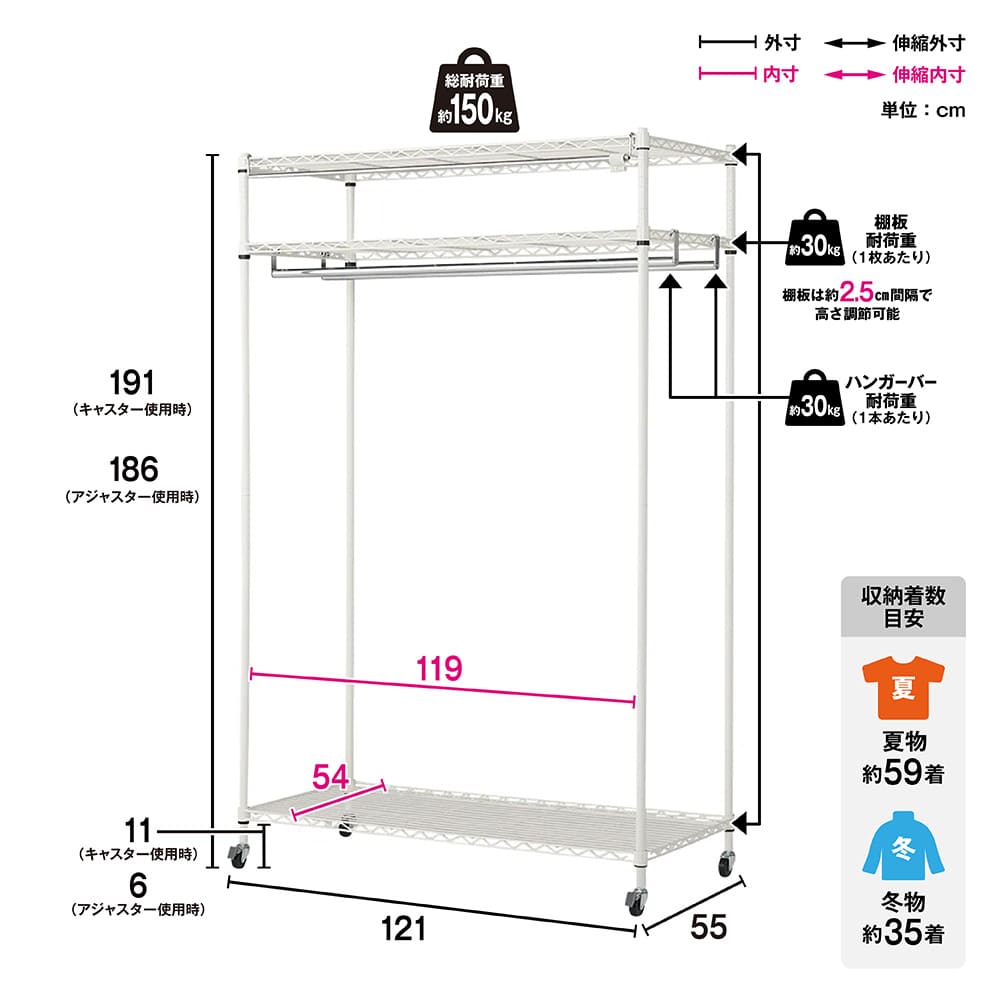 洗えるカバー付き 頑丈ハンガーラック ロータイプ・幅121cm 通販