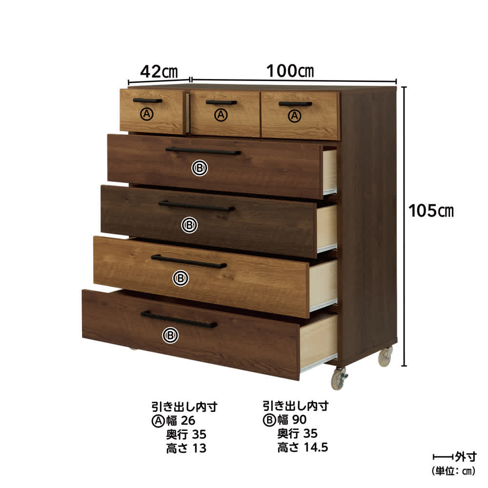 キャスター付きモダンクローゼットチェスト 5段・高さ105cm幅100cm