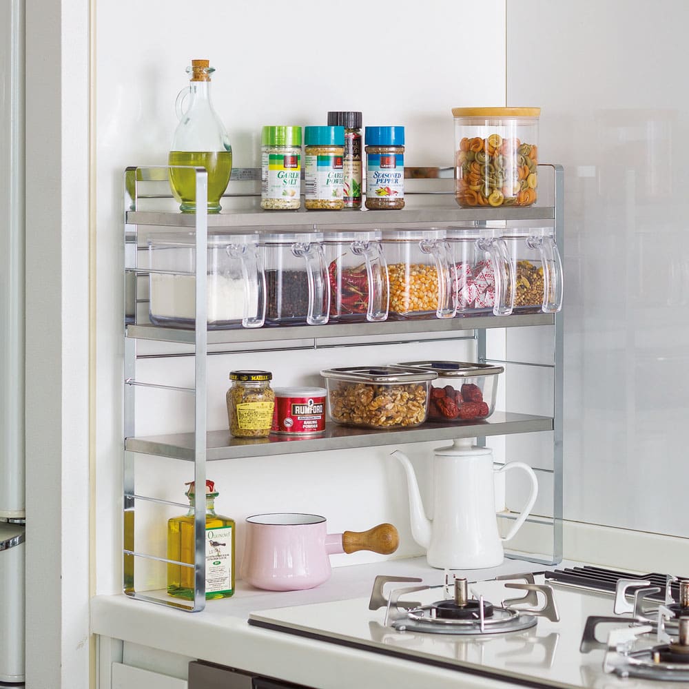 コンロ脇で使えるステンレス棚スパイスラック（調味料ポット6個付き