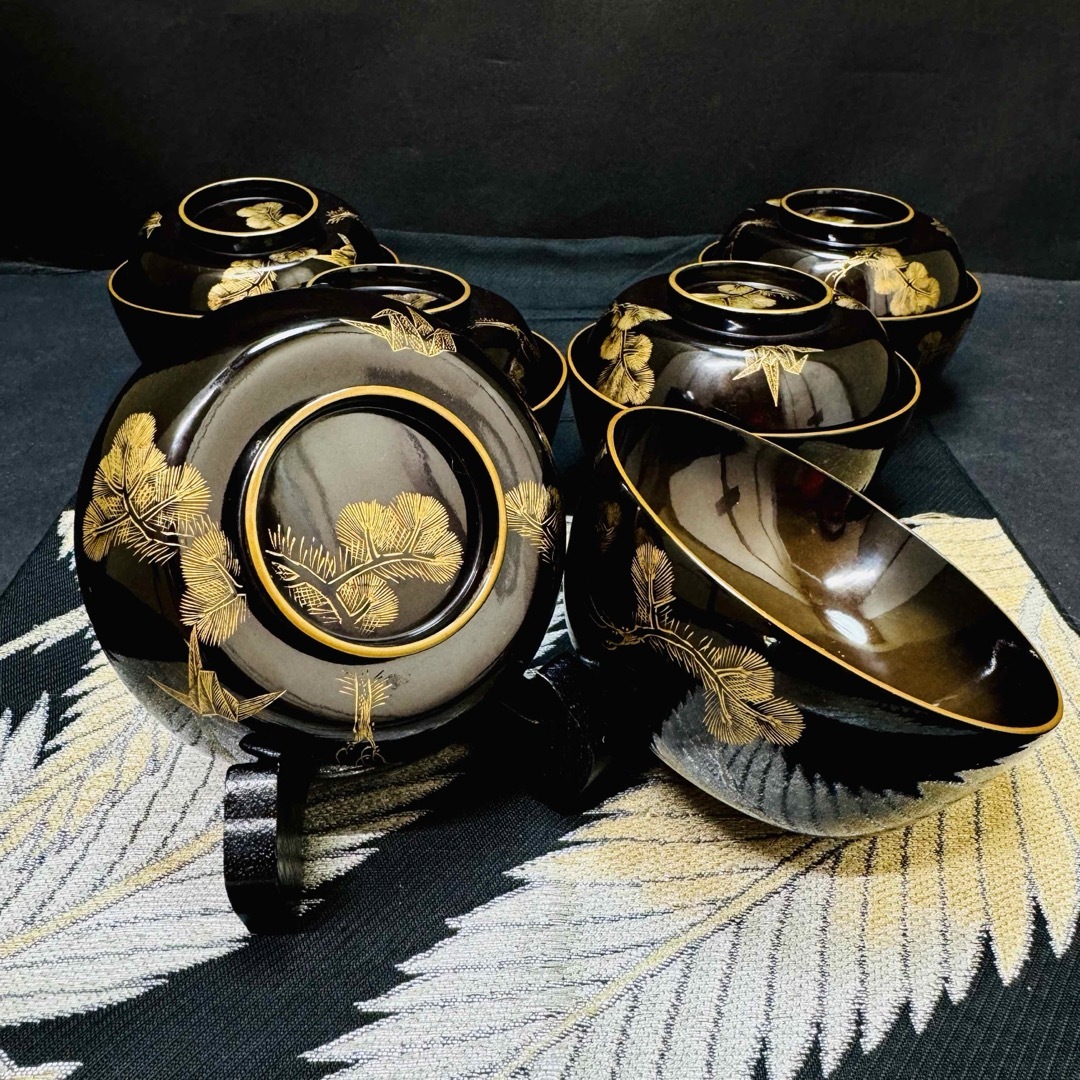 はなさん 輪島塗 松鶴図金蒔絵 黒漆 吸物椀 3客 はなさん 輪島塗 松鶴