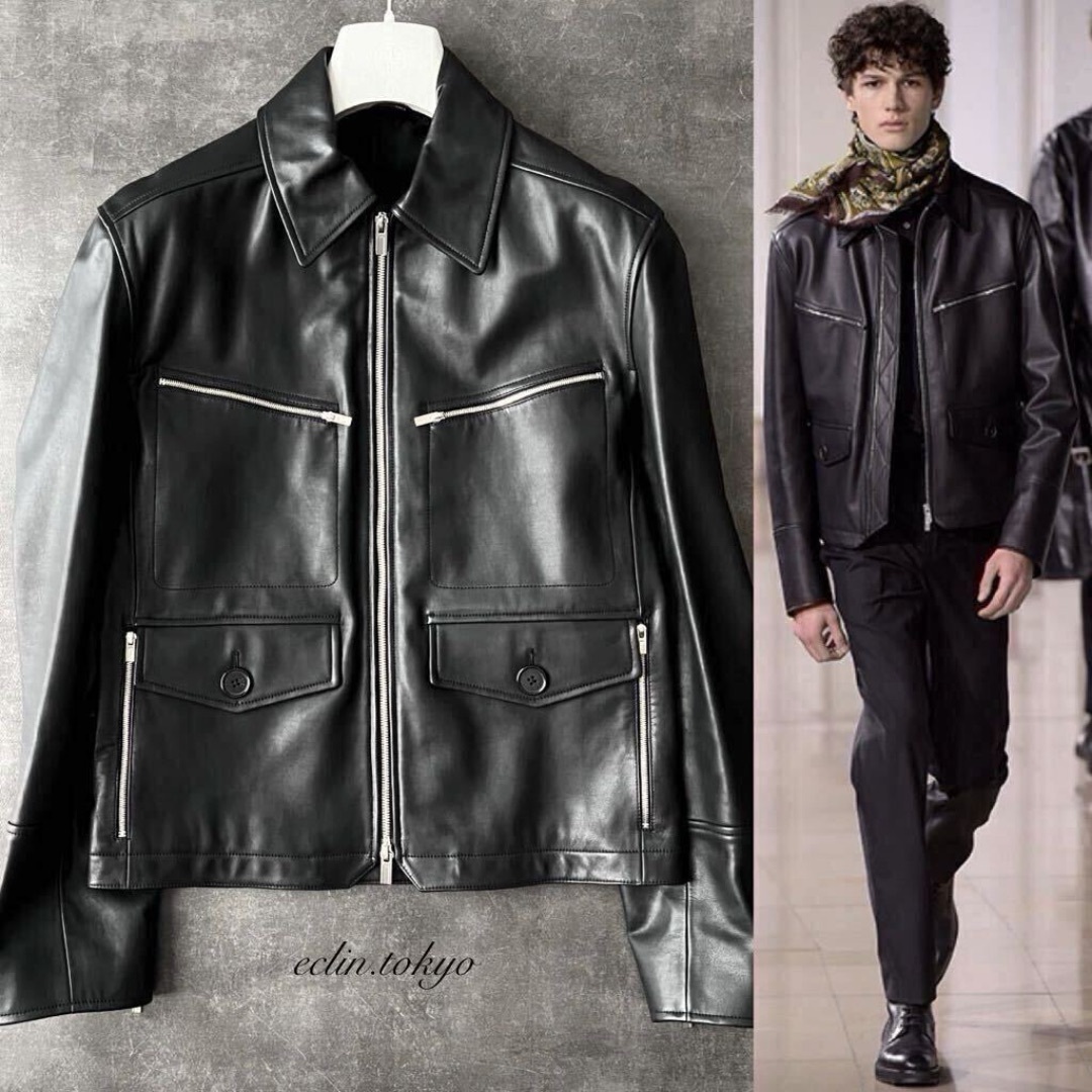 HERMES - HERMES ZIPポケットシングル レザー ライダース ジャケット