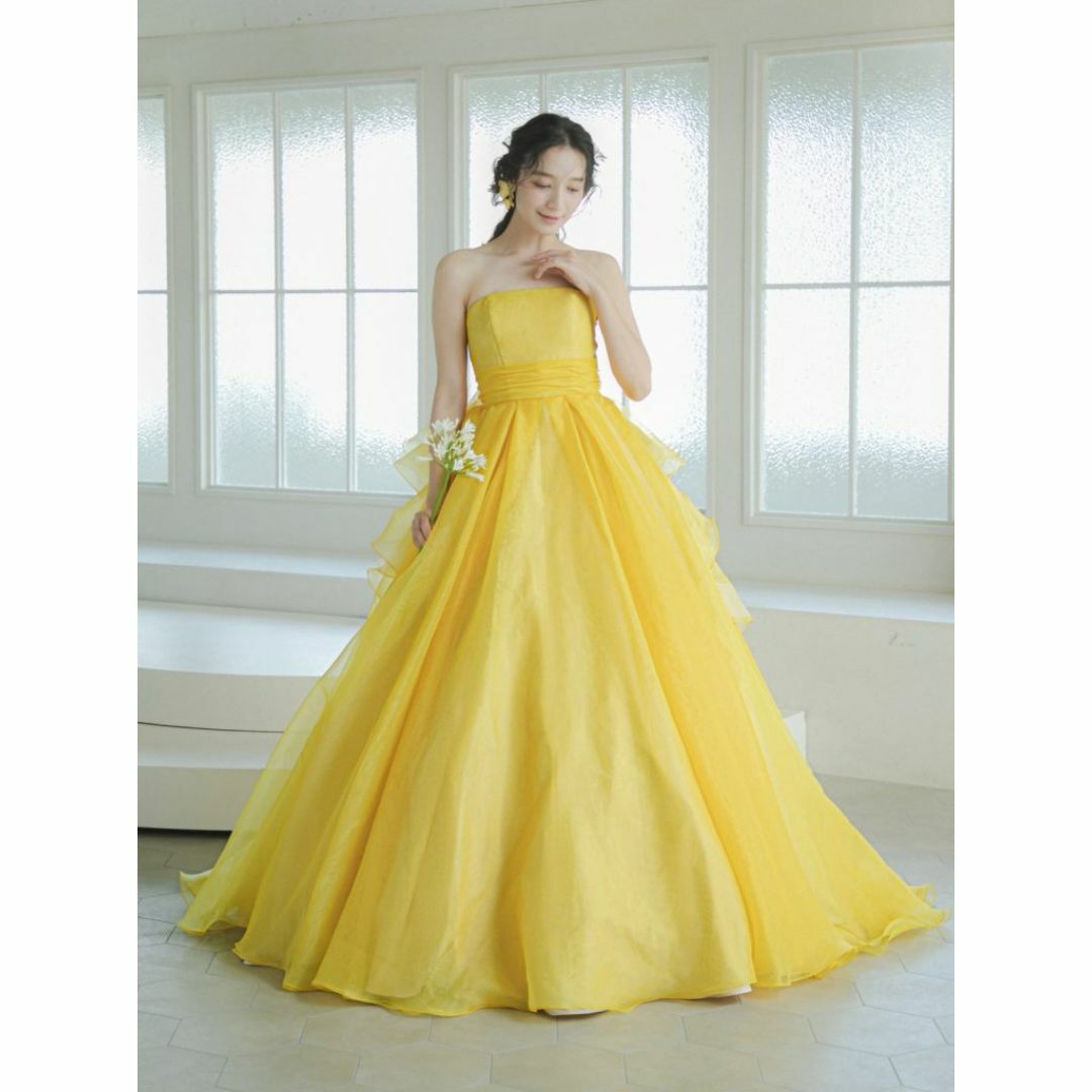 上品！イエロー カラードレス ベアトップ Aライン ラッフルフリル