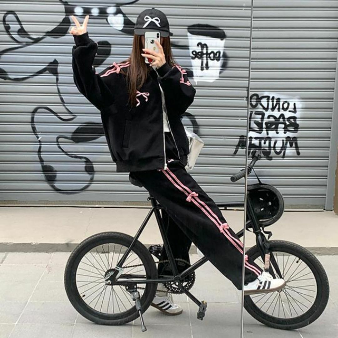 M スウェットセットアップ ジャージ 上下セット 黒 ピンク ライン