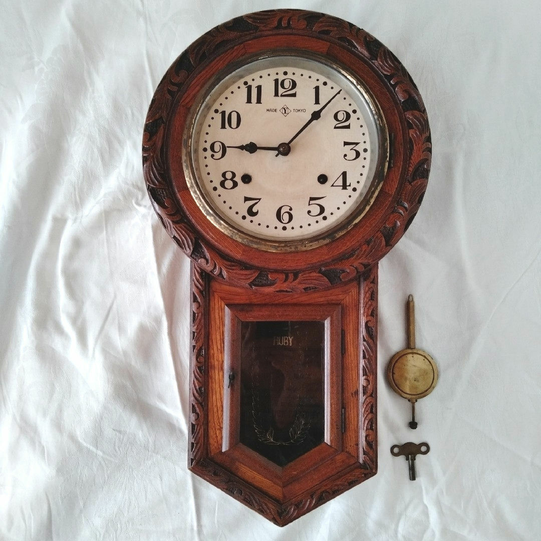 RuBy - ジャンク品【時代物】丸型柱時計 振り子時計 アンティーク時計