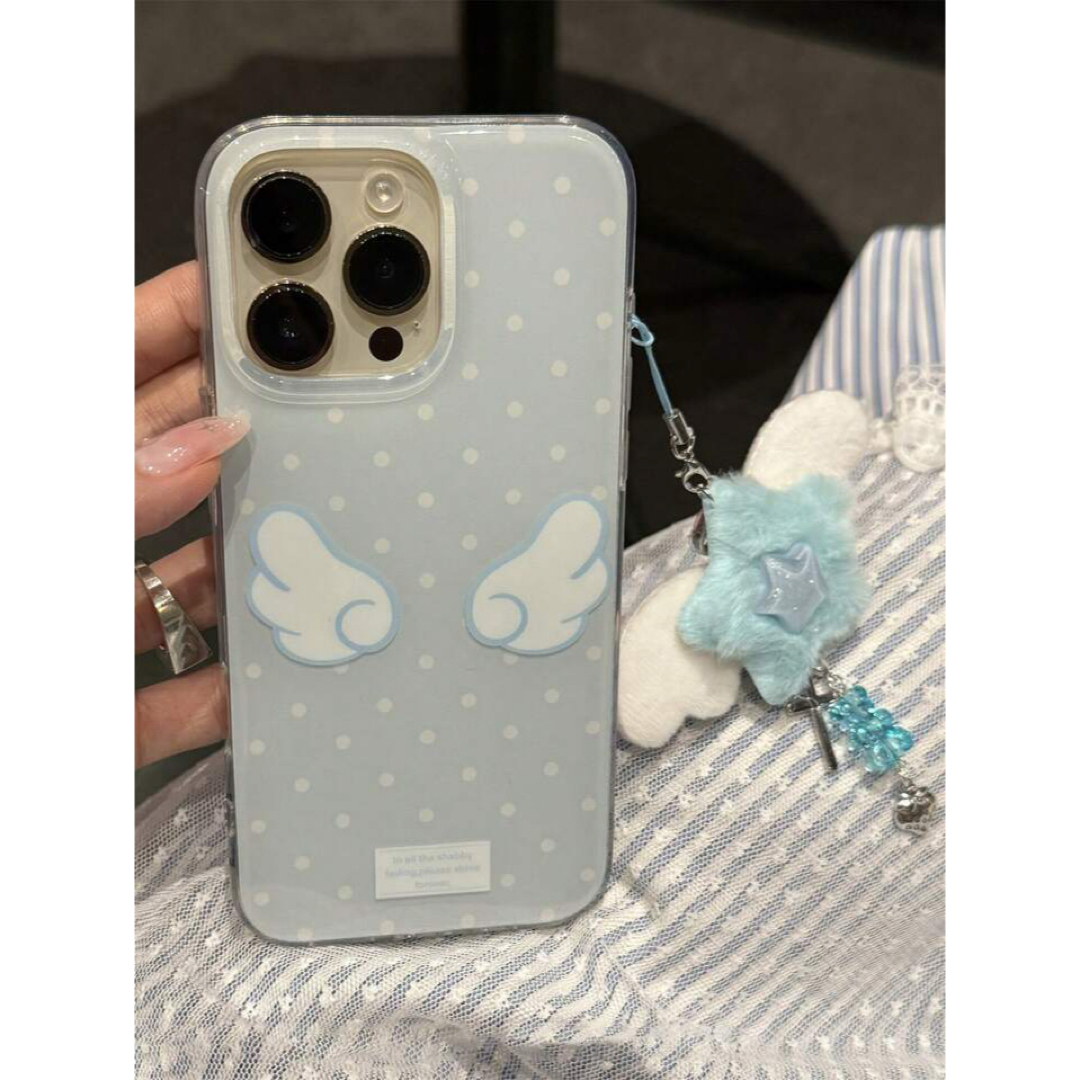 iPhone14 ケース ストラップ ドット 水玉 ブルー 水色 天使の羽の通販