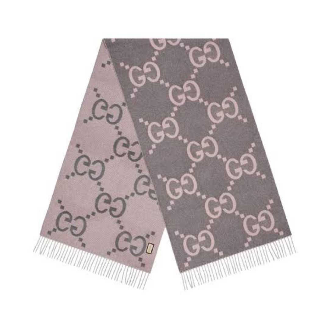 GUCCI - Gucci GGロゴ マフラー グレー/ピンク フリンジ付きの通販 by