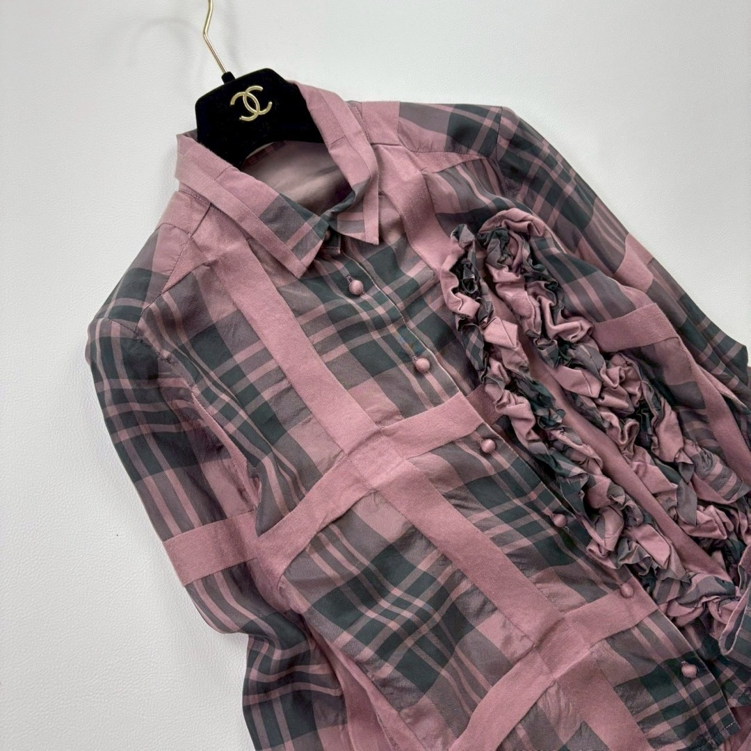チカキサダ 長袖 フリルデザイン ブラウス チェック リボン アシンメトリー