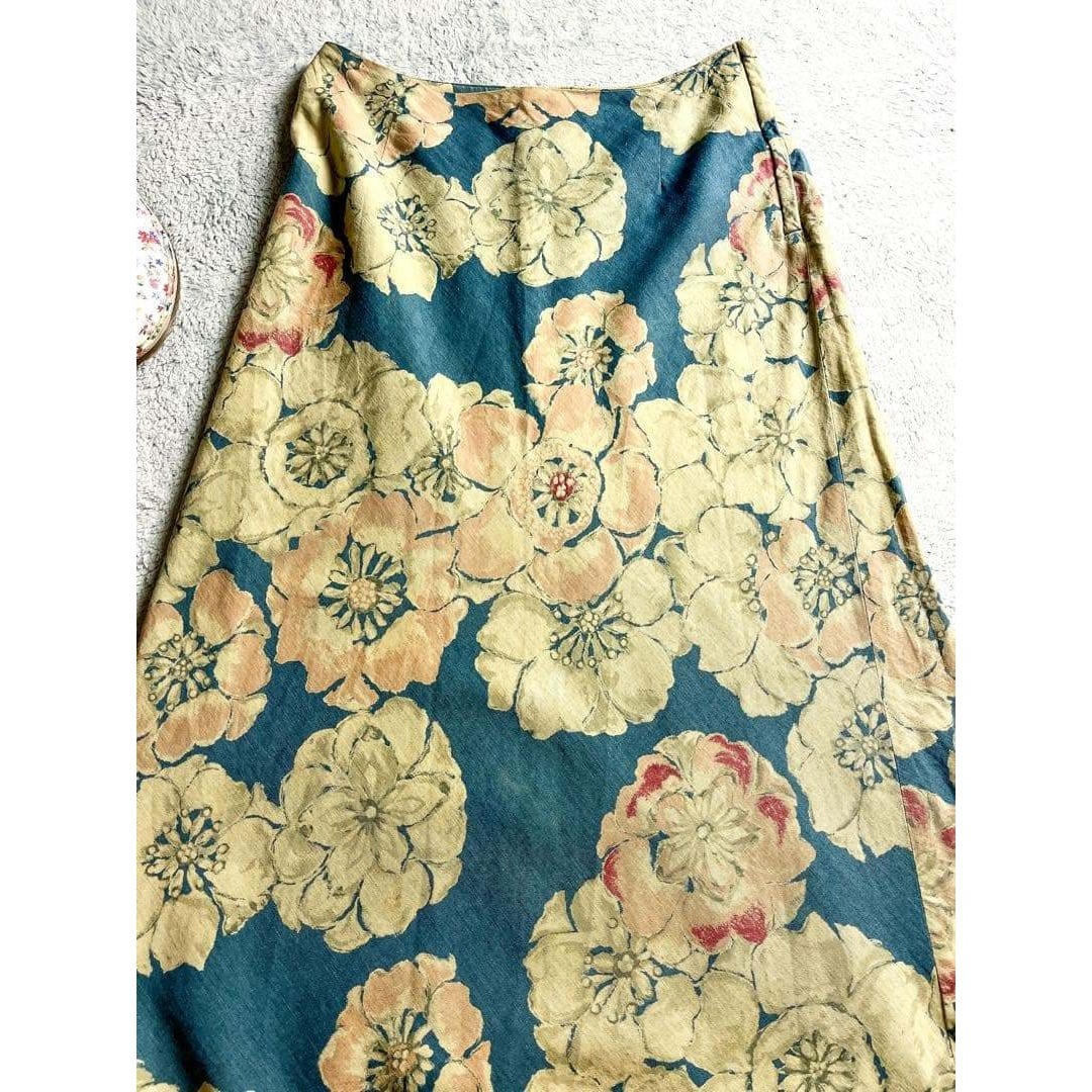 45R】綿100% フラワープリント インディゴAラインロングスカート 2