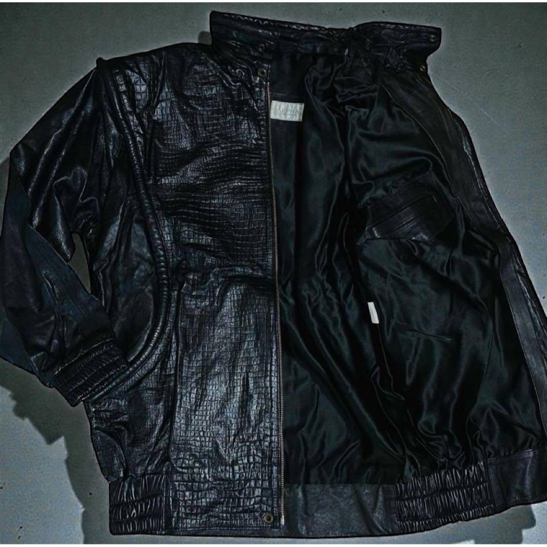ALPHA レザージャケット ライダース クロコ型押し ブラック LL位 羊革