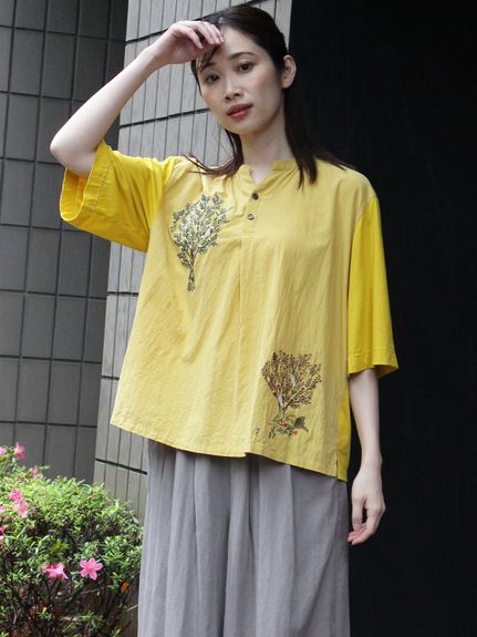 コットンローン+シルケット天竺バードツリー刺繍ブラウス（ブラウス