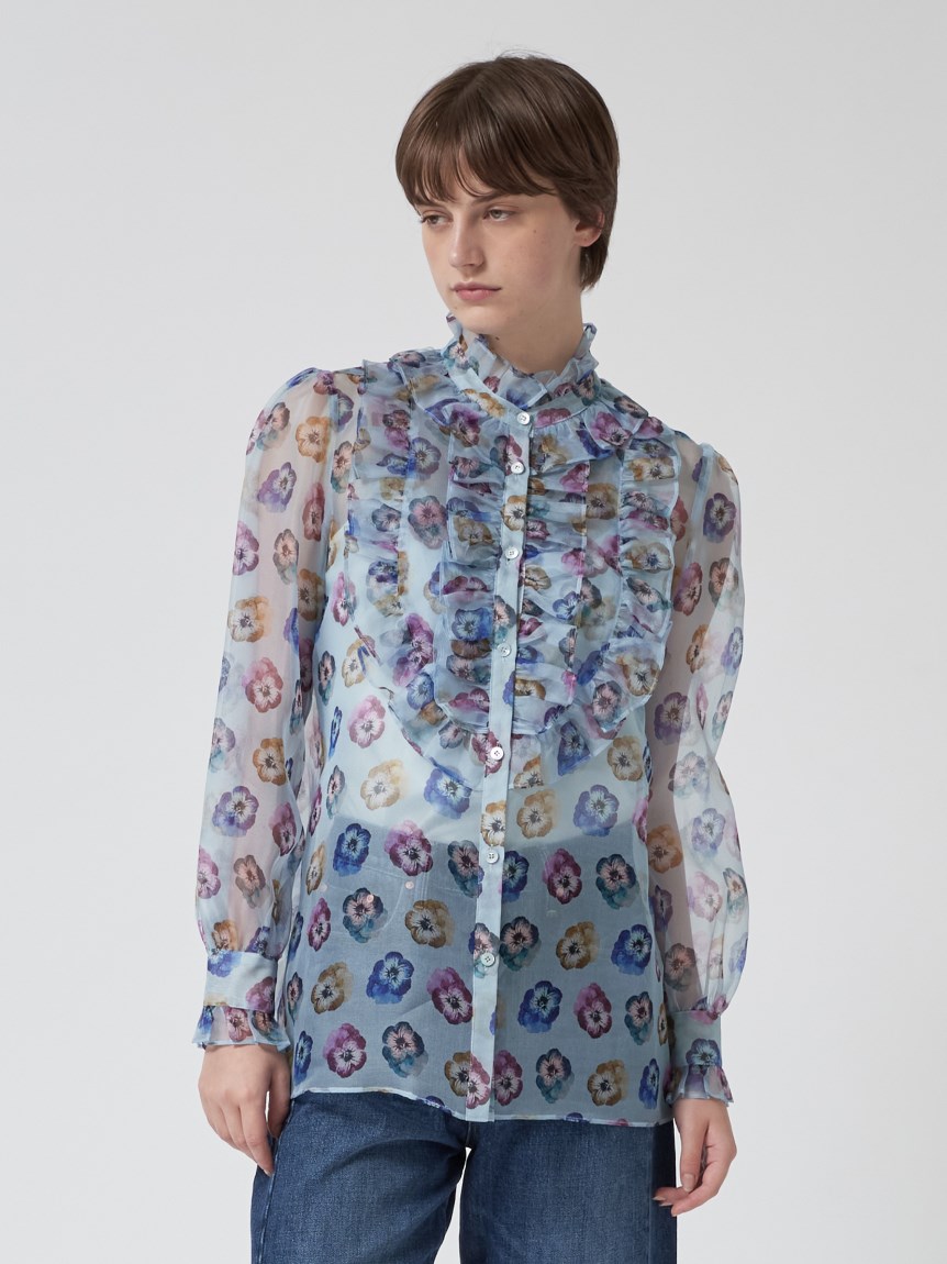 シルクオーガンジー フラワー柄フリルブラウス（シャツ & ブラウス