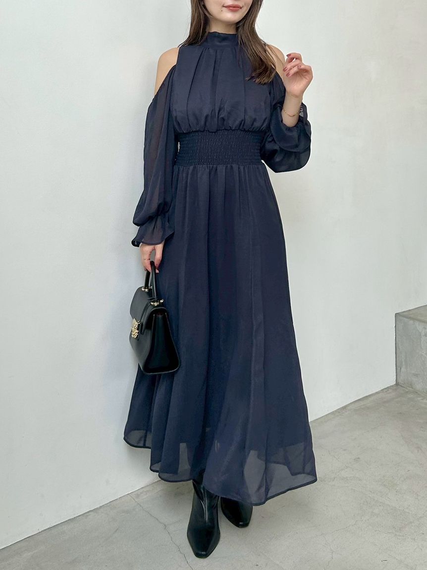 コールドショルダーボウタイワンピース(マキシ・ロングワンピース