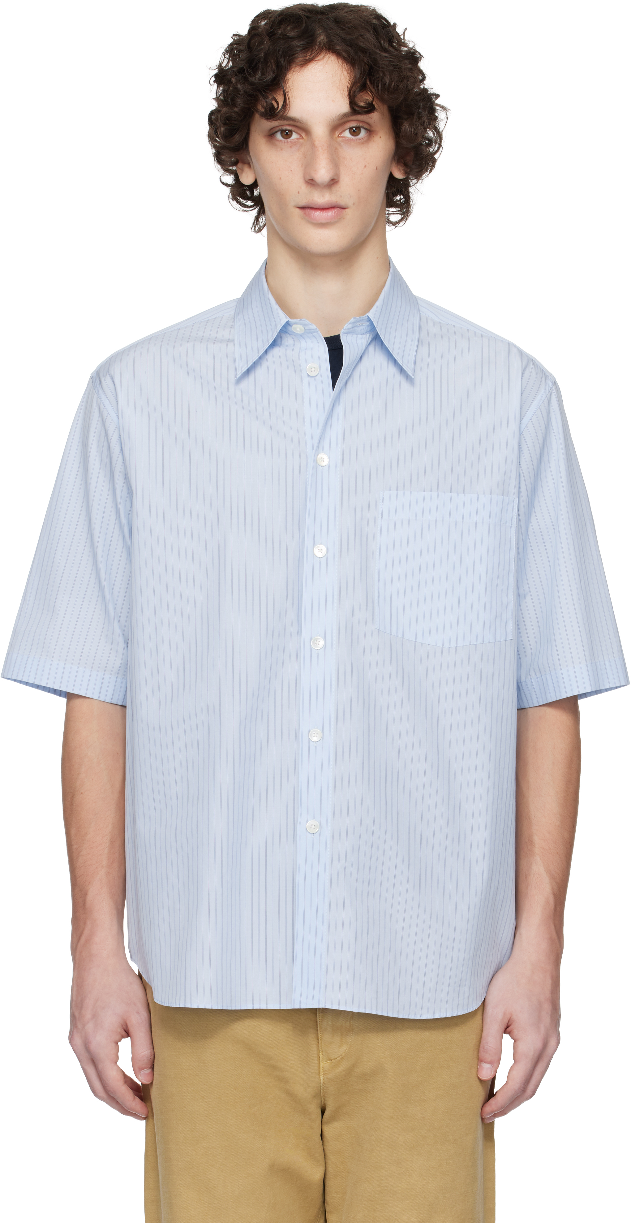 Blue Suvin High Count Cloth Stripe Shirt by AURALEE on Sale