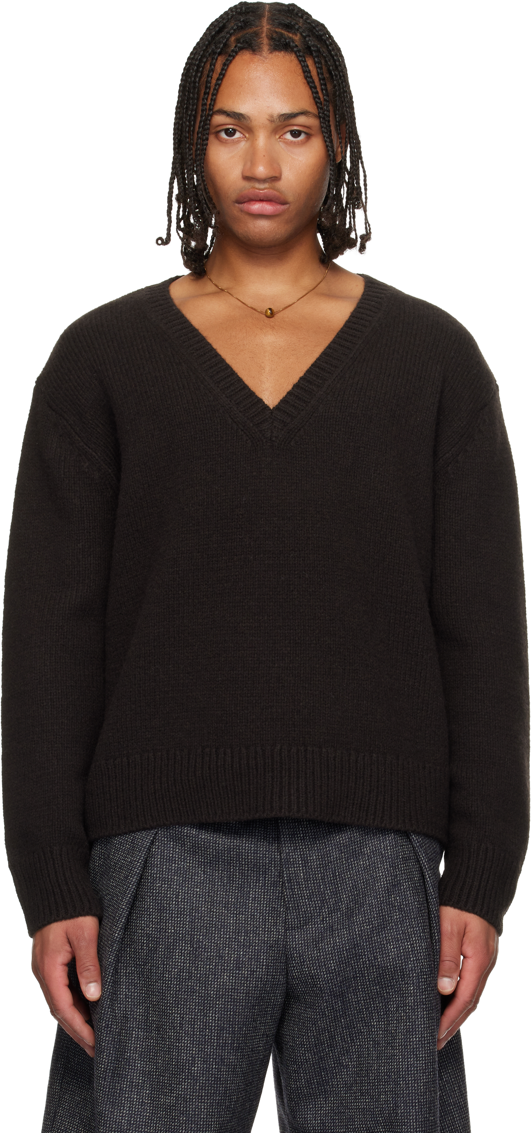 Brown V-Neck Merino Wool Sweater by Dries Van Noten on Sale