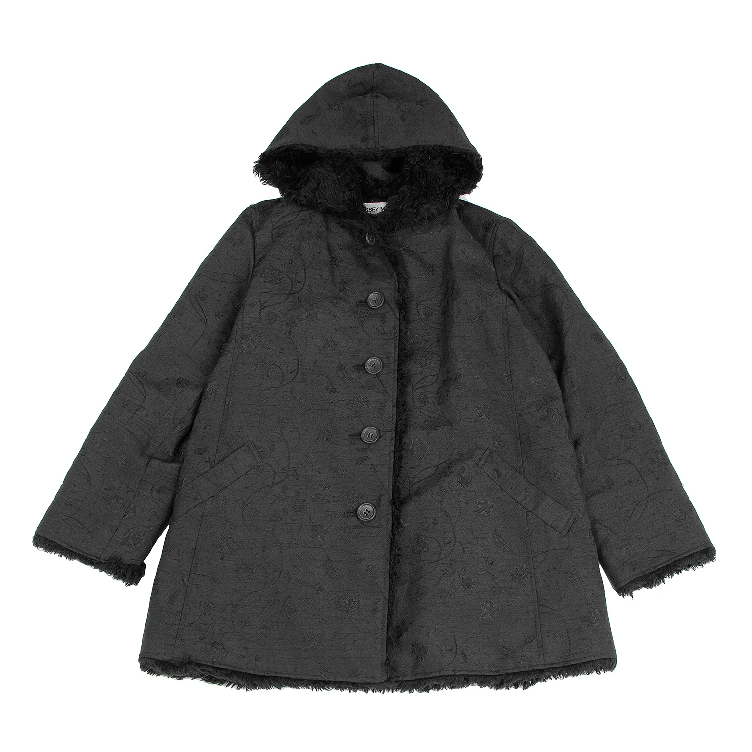 イッセイミヤケISSEY MIYAKE ジャガードフェイクファーコート 黒2 (K