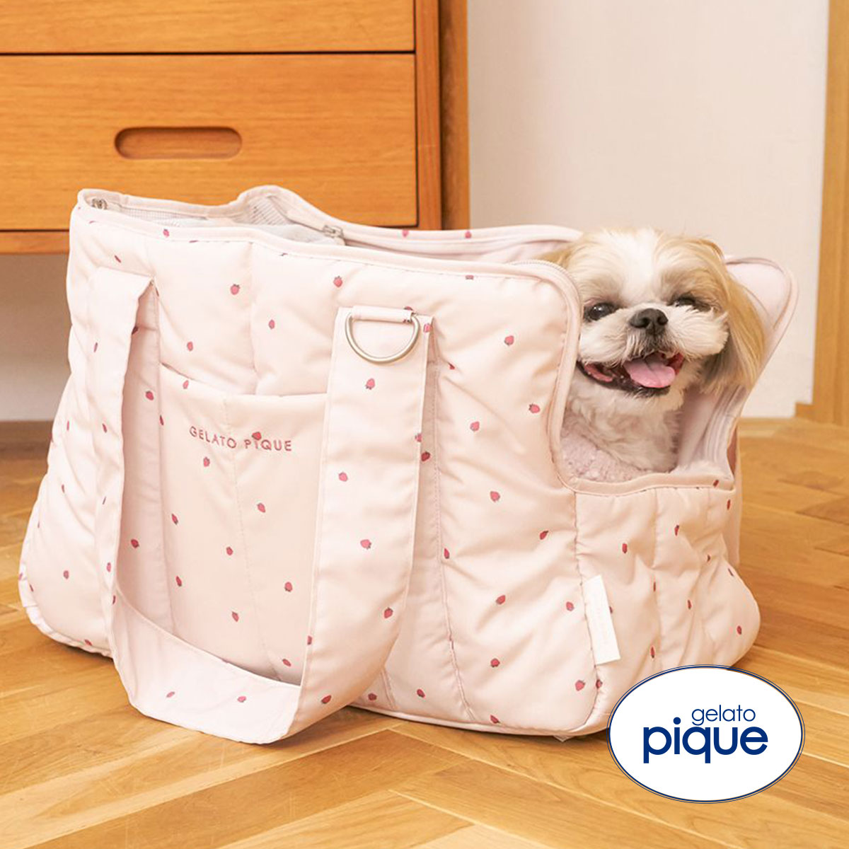 ジェラートピケ CAT&DOG ストロベリー柄キルティングキャリーバック
