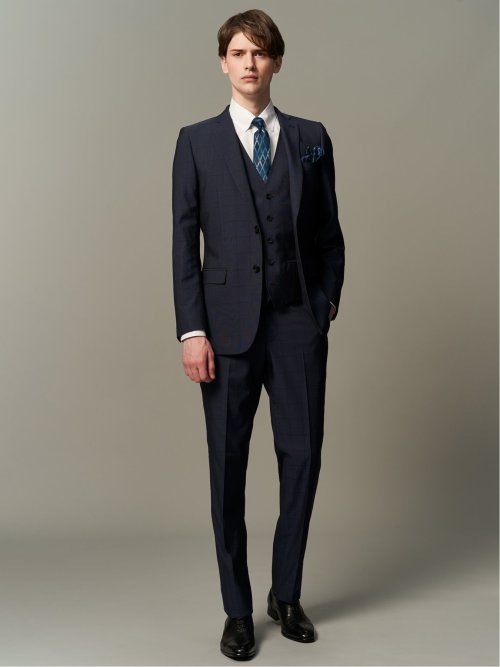 超光沢ストレッチ スリムフィット 2ボタン3ピーススーツ ウィンドペン