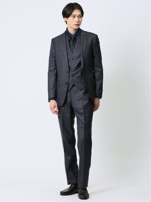 光沢ウール混 スリムフィット 2ボタン3ピーススーツ チェック青(Y4 70