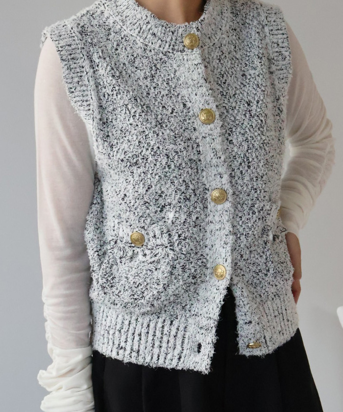 ゴールド釦ツイードニットベスト | titivate