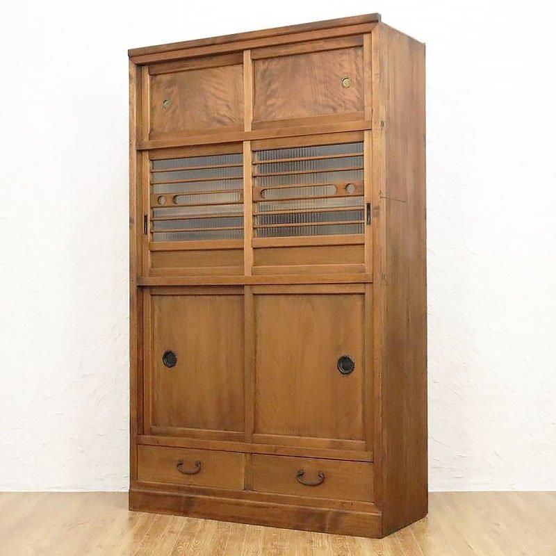 キャビネット 水屋箪笥 モールガラス入り 大正昭和 和モダン