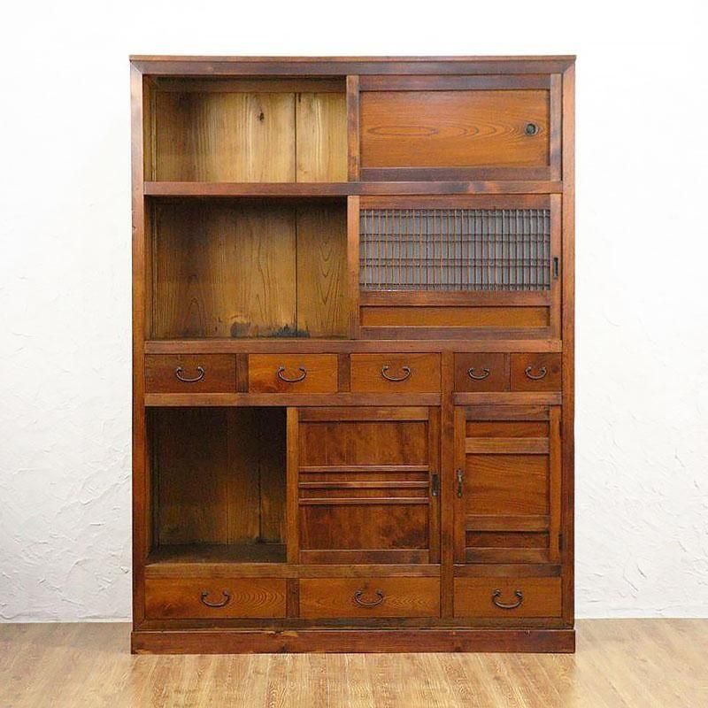 希少サイズ 四尺 格子 ダイヤガラス入り 水屋箪笥 キャビネット 食器棚