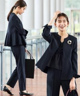 3点】ノーカラージャケット＆フリルトップス＆スリムパンツセット