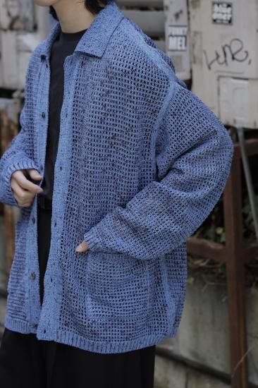 YOKE | MESH KNITTED BUTTONED CARDIGAN(FOG BLUE) | メッシュニット