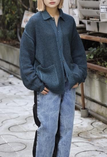 YOKE | MESH KNITTED BUTTONED CARDIGAN(BOTTLE GREEN) | メッシュ