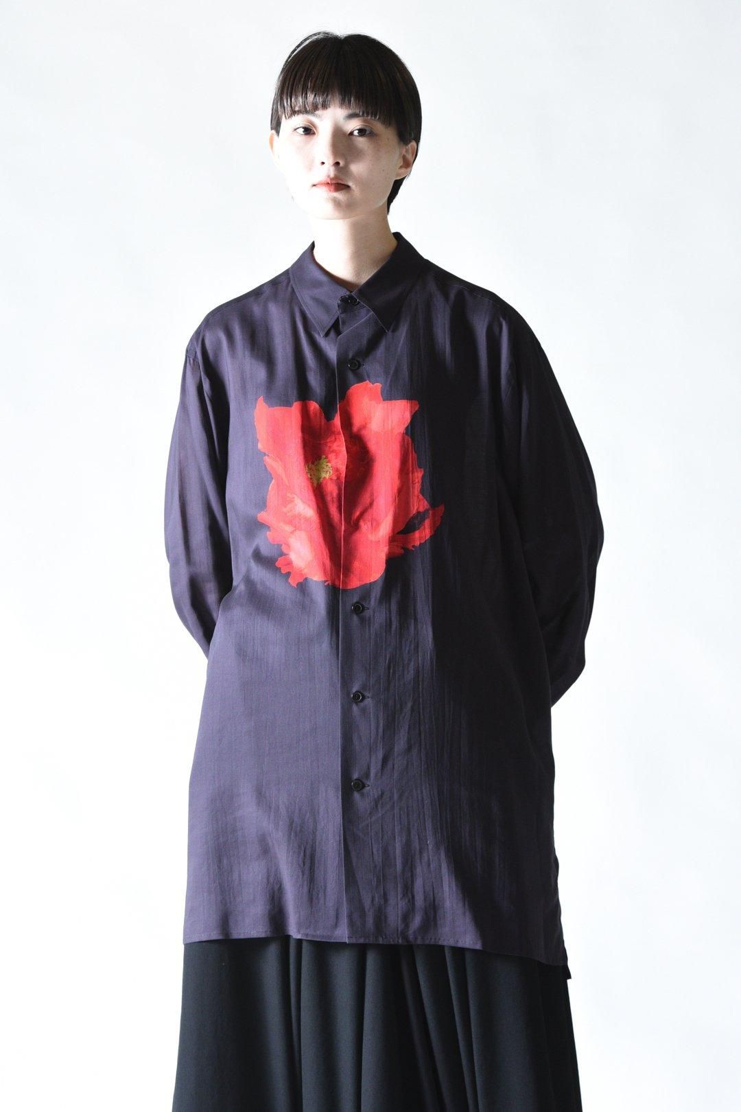 Y's for men DEEP BLACK BIG SHIRT WITH LARGE RED FLOWER - Ka na ta