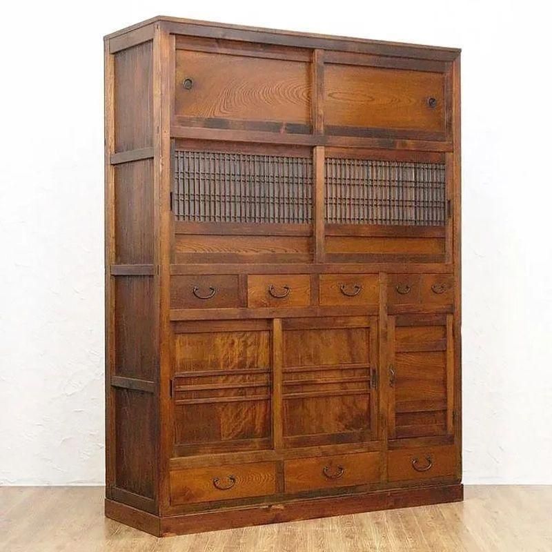 希少サイズ四尺格子ダイヤガラス入り水屋箪笥 和モダン町屋家具