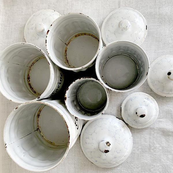 ♪フランスアンティーク キャニスター 琺瑯 6個セット ホワイト 金文字