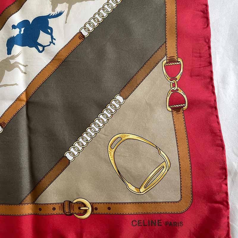 セリーヌ赤馬柄シルクスカーフ