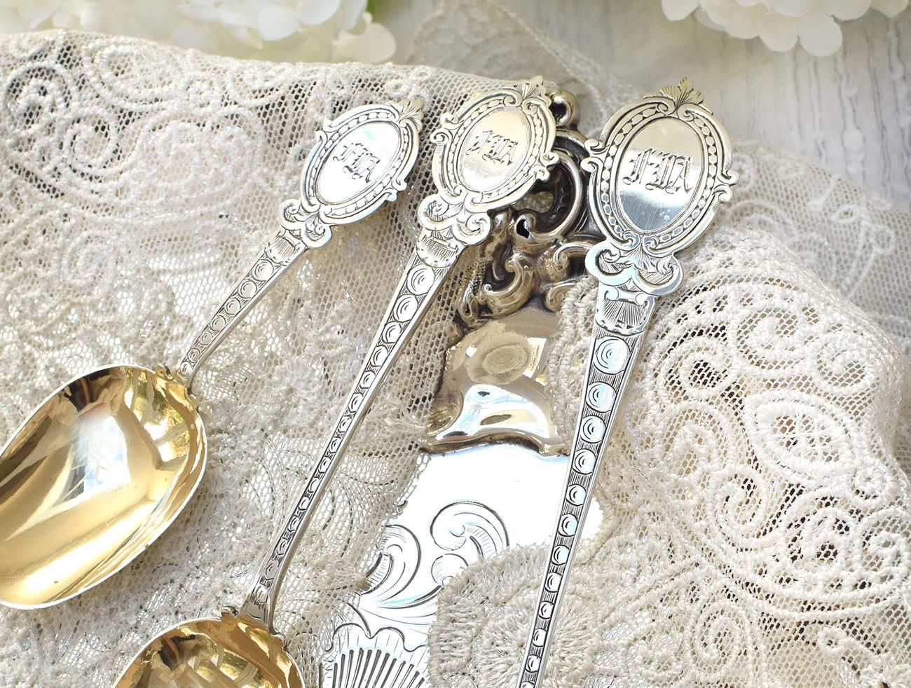 英国アンティーク銀器【純銀】1874年 透かしのスプーン,ジャムスプーン