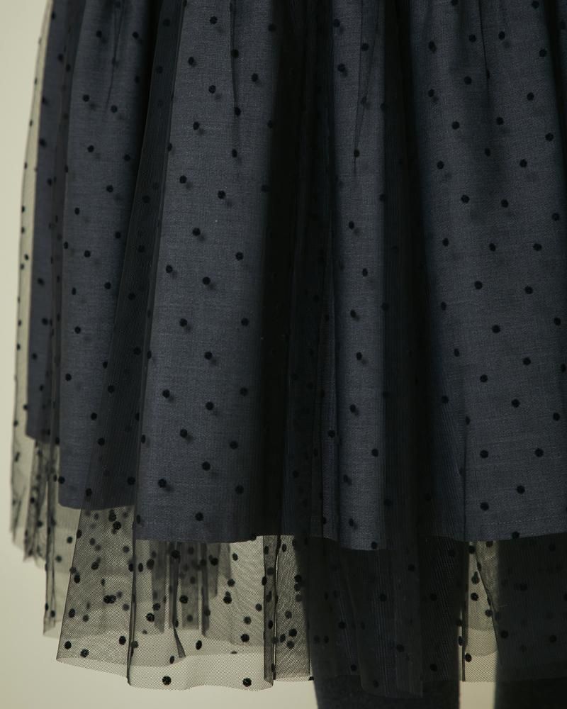 フロッキードットチュールスカート(ブラック×グレー) - seventen