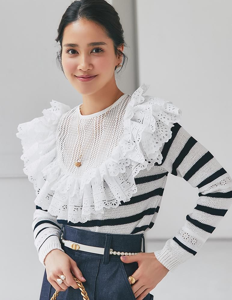 レースフリルニット(ネイビーボーダー) - seventen