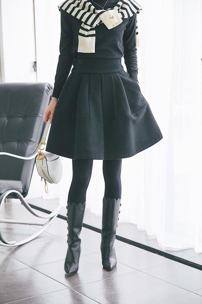 ウールハイウエストフレアキュロット(ブラック) - seventen