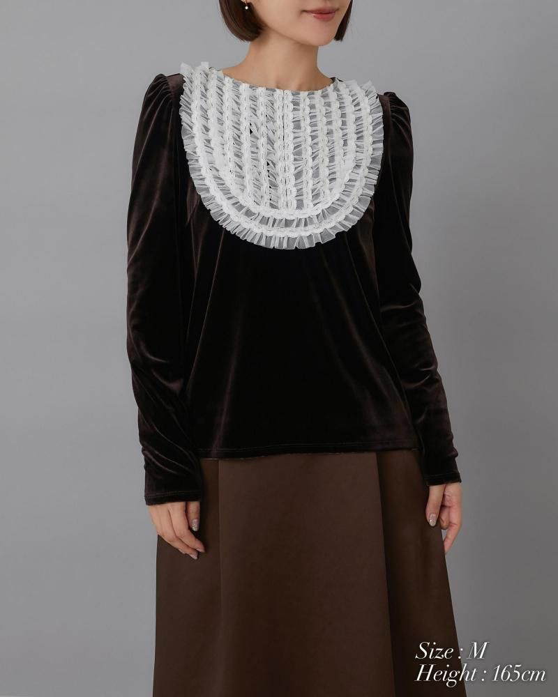 チュールフリルベロアトップス(ブラウン) - seventen