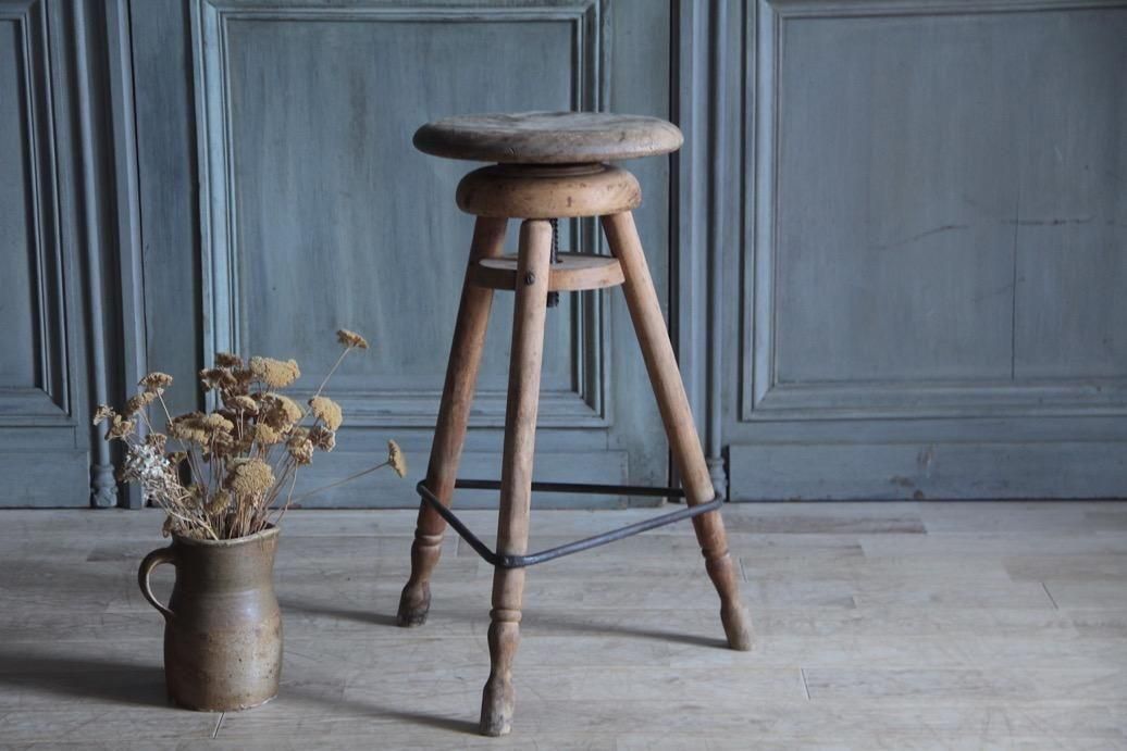 フランスアンティーク木製スツール | 回転昇降式カウンターチェア - L