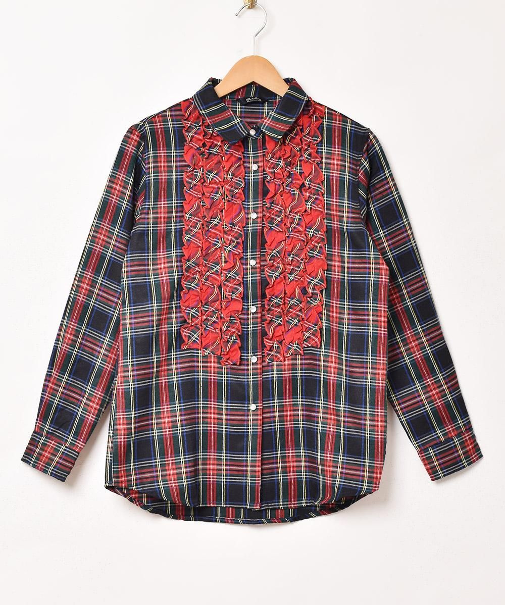 2色展開】「Meridian」チェック柄 長袖 フリルシャツ ネイビー - 古着