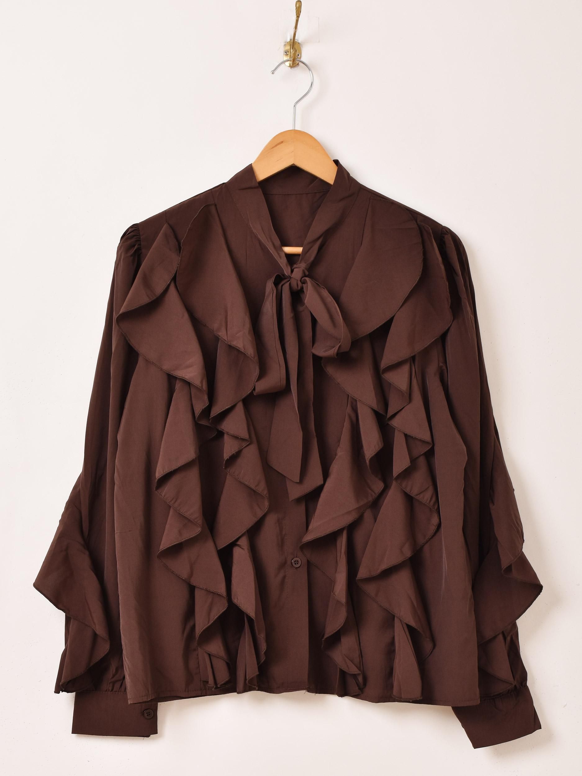 3色展開】「Meridian」スパイラルフリル ボウタイブラウス ブラウン