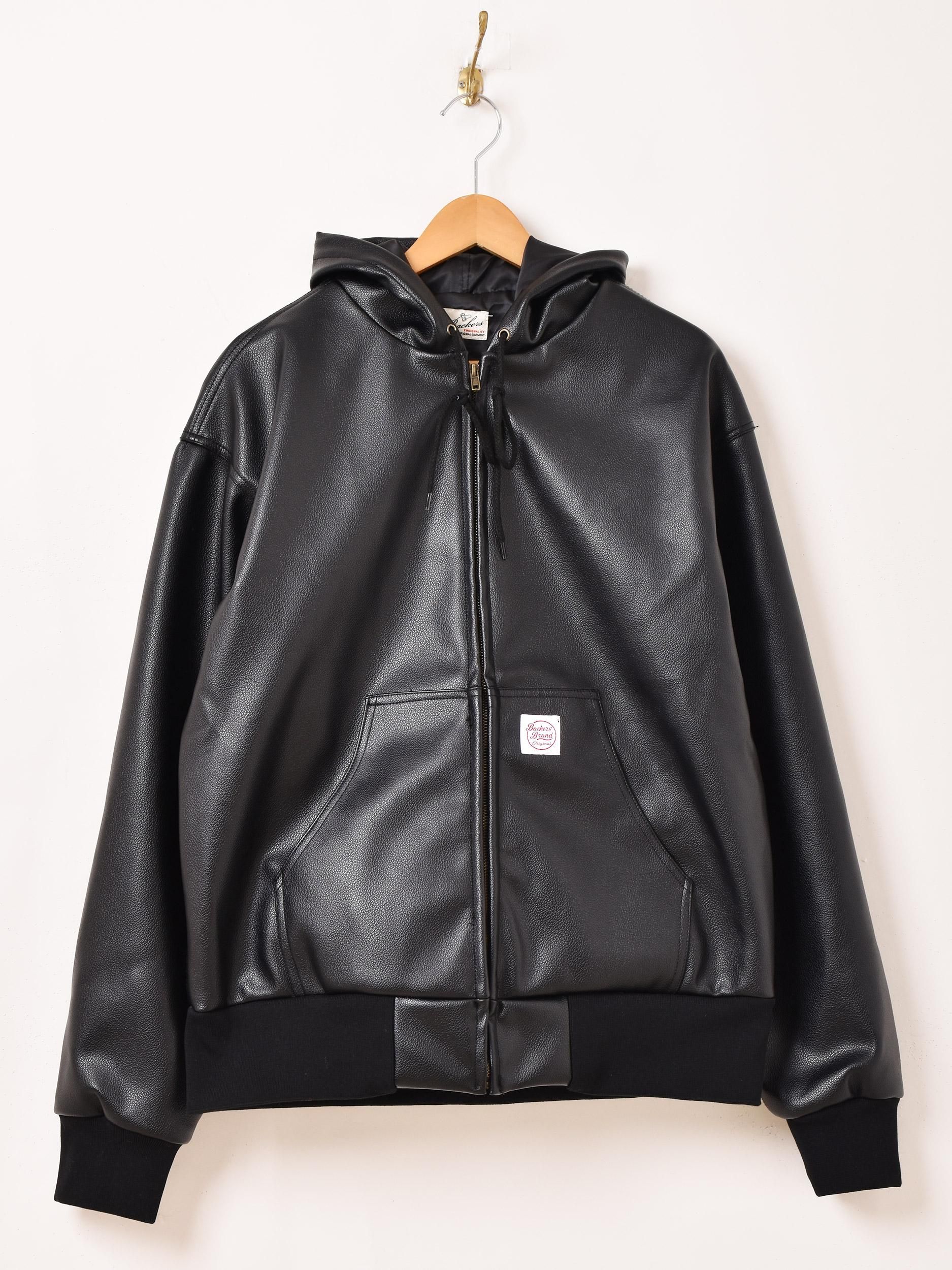 3色展開】「Backers」フェイクレザー ジップアップ パーカー ブラック