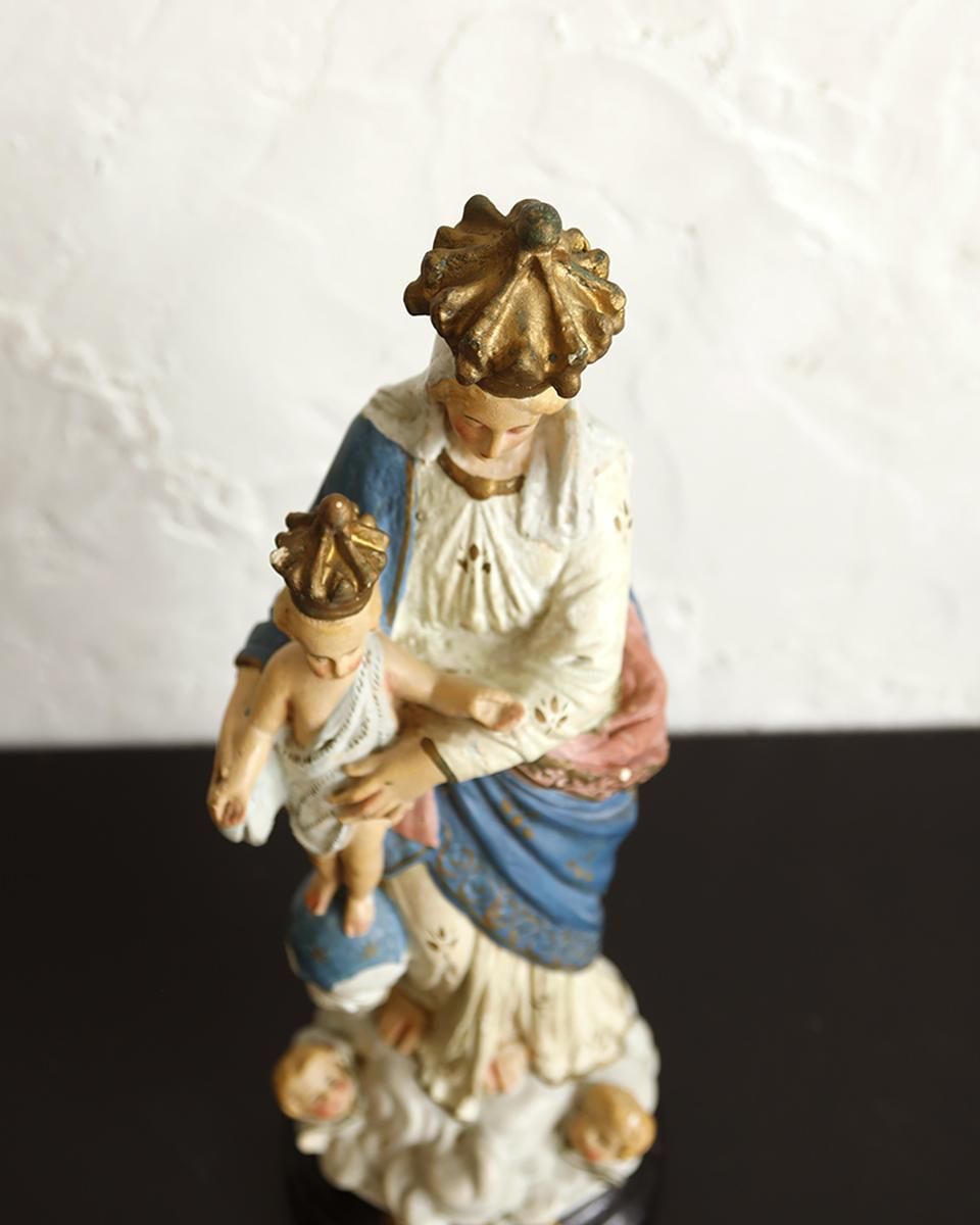 フランスアンティーク 聖母マリア様の石膏像 幼子のイエス・キリスト像