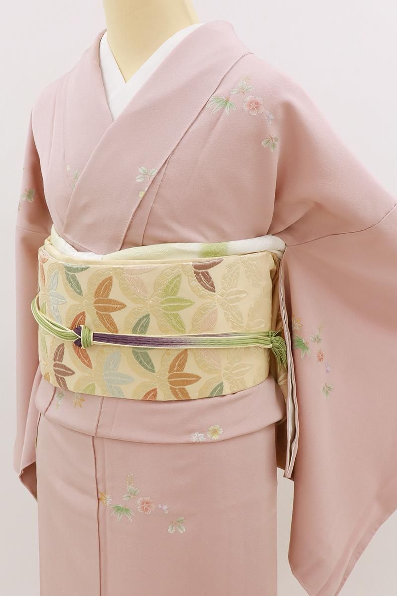 銀座【D-3638】刺繍 小紋 ピンク系 四季花文 :身丈170/裄70 - 銀座