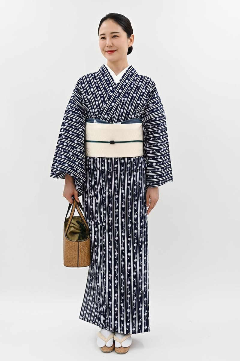 あおき【D-3857】竺仙製 綿コーマ 両面染め 浴衣 紺色 縞に花の図（反