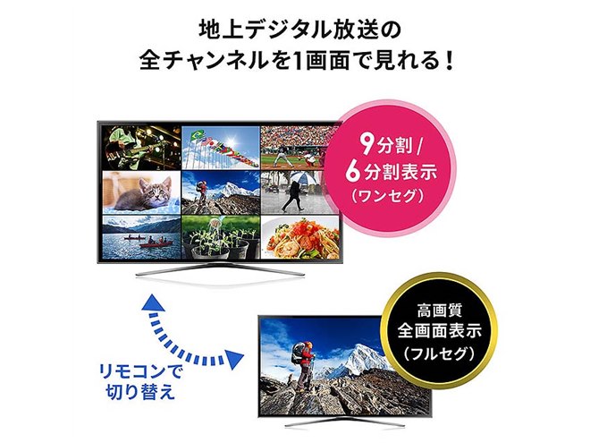 サンワ、地デジ全チャンネルを1画面に9分割表示できるチューナー「400