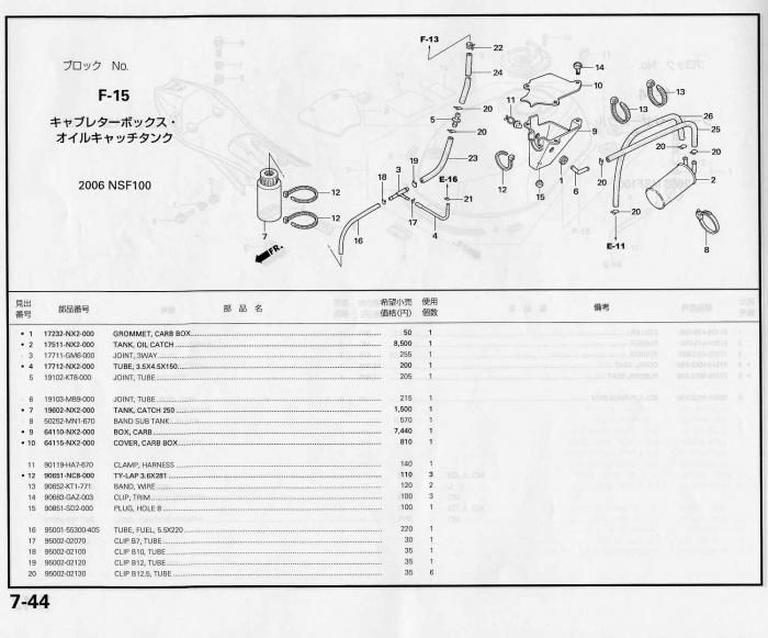 NSF100 ホンダ純正部品 ブロックNo.F-15 キャブレターボックス・オイル