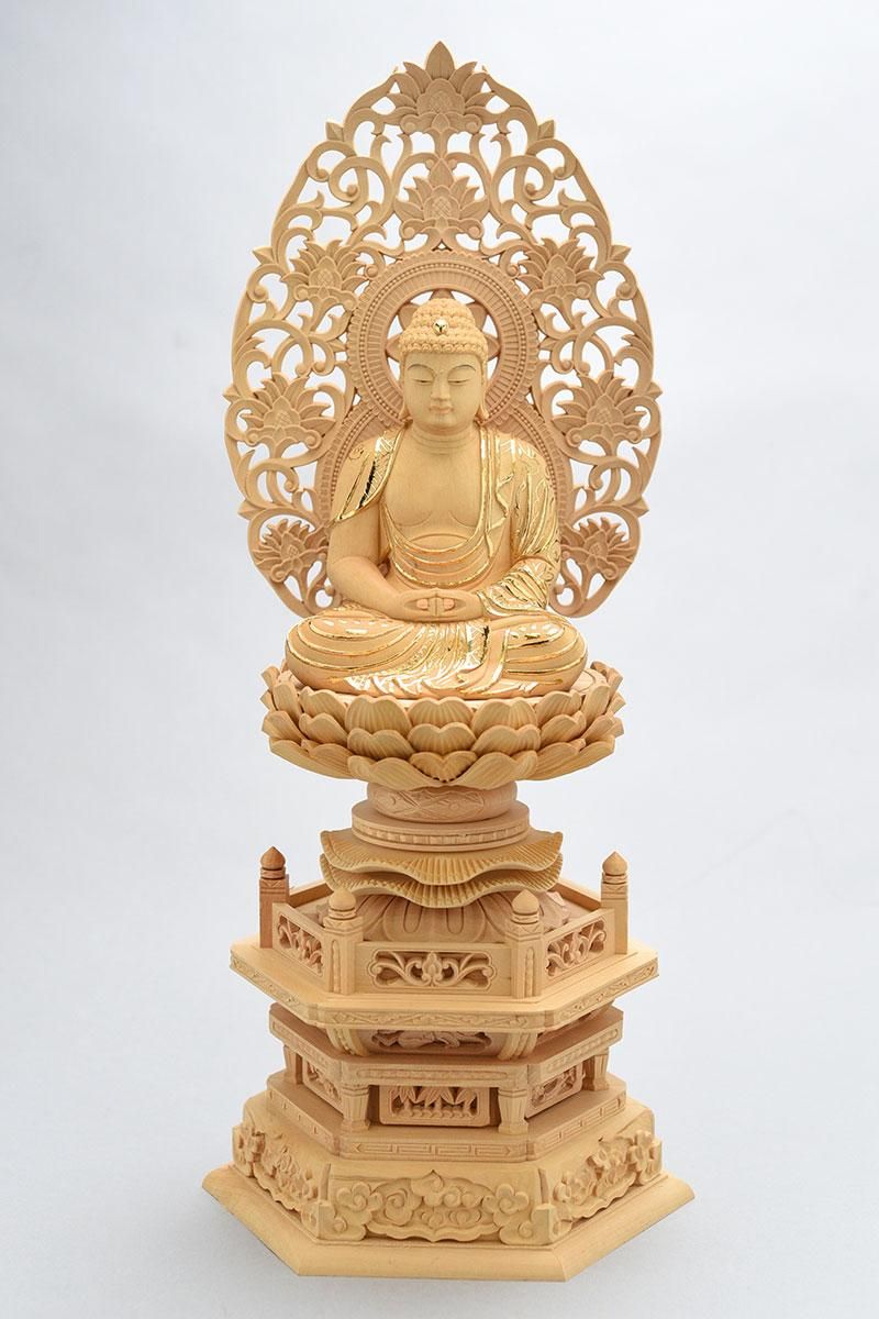 天台宗】柘植製 阿弥陀如来(座像/3寸/切金) 六角台座 唐草光背 仏像